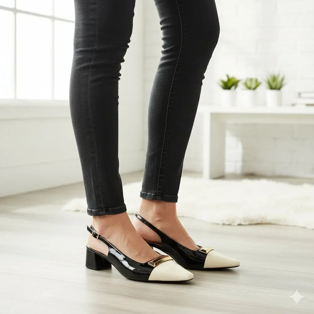 Women’s Black & White Patent Slingback Block Heel Shoes Size 41
